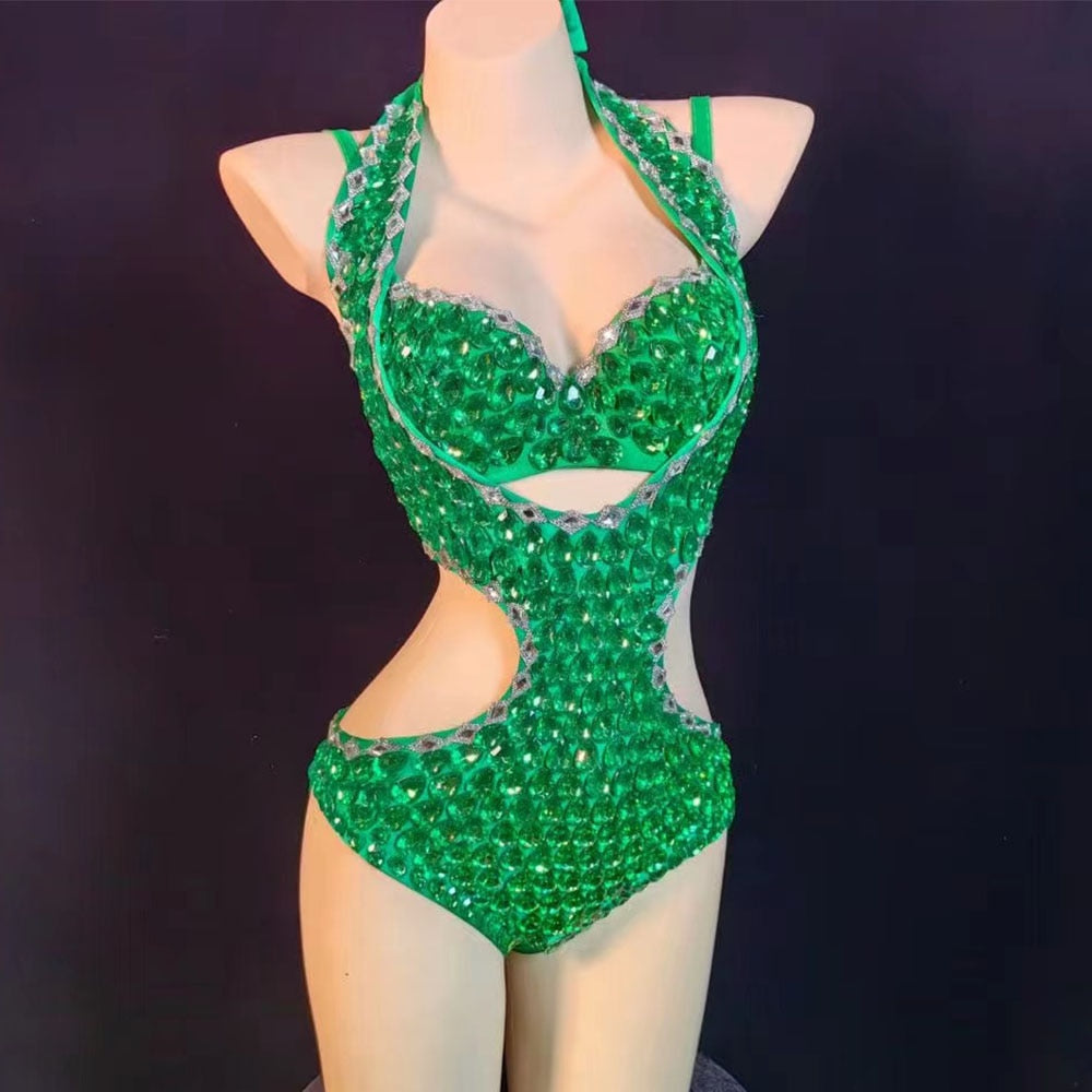 Women Stage Rhinestone Crystals Bodysuits Costumes Sexy Green Bra Short Clothing Set Female Singer DJ DS Dance Stage Wear