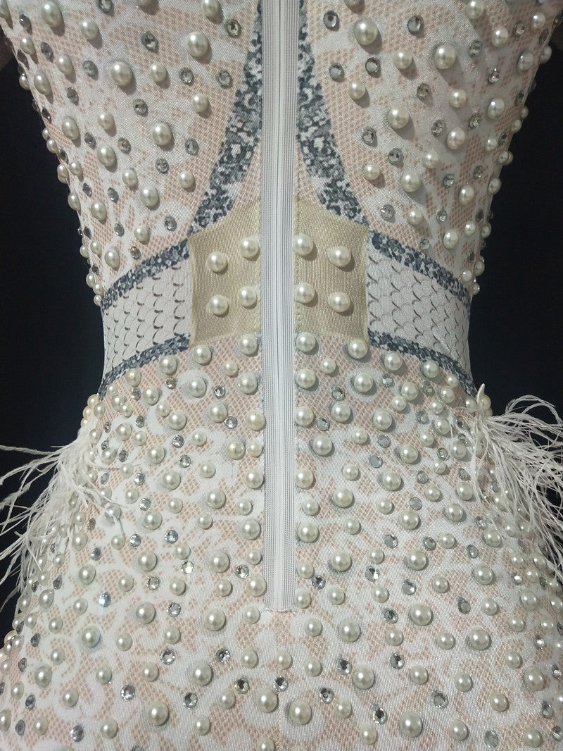 Bar Nightclub Jazz Dance Costume White Pearl Feather Sleeve Bodysuit Crystal Leotard Stage Wear Dancer Performance Clothes