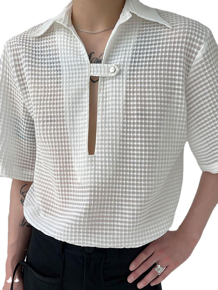 Casual Simple Style Tops Men Textured Slightly See-through Blouse Solid Chest Slit Short Sleeve Shirts