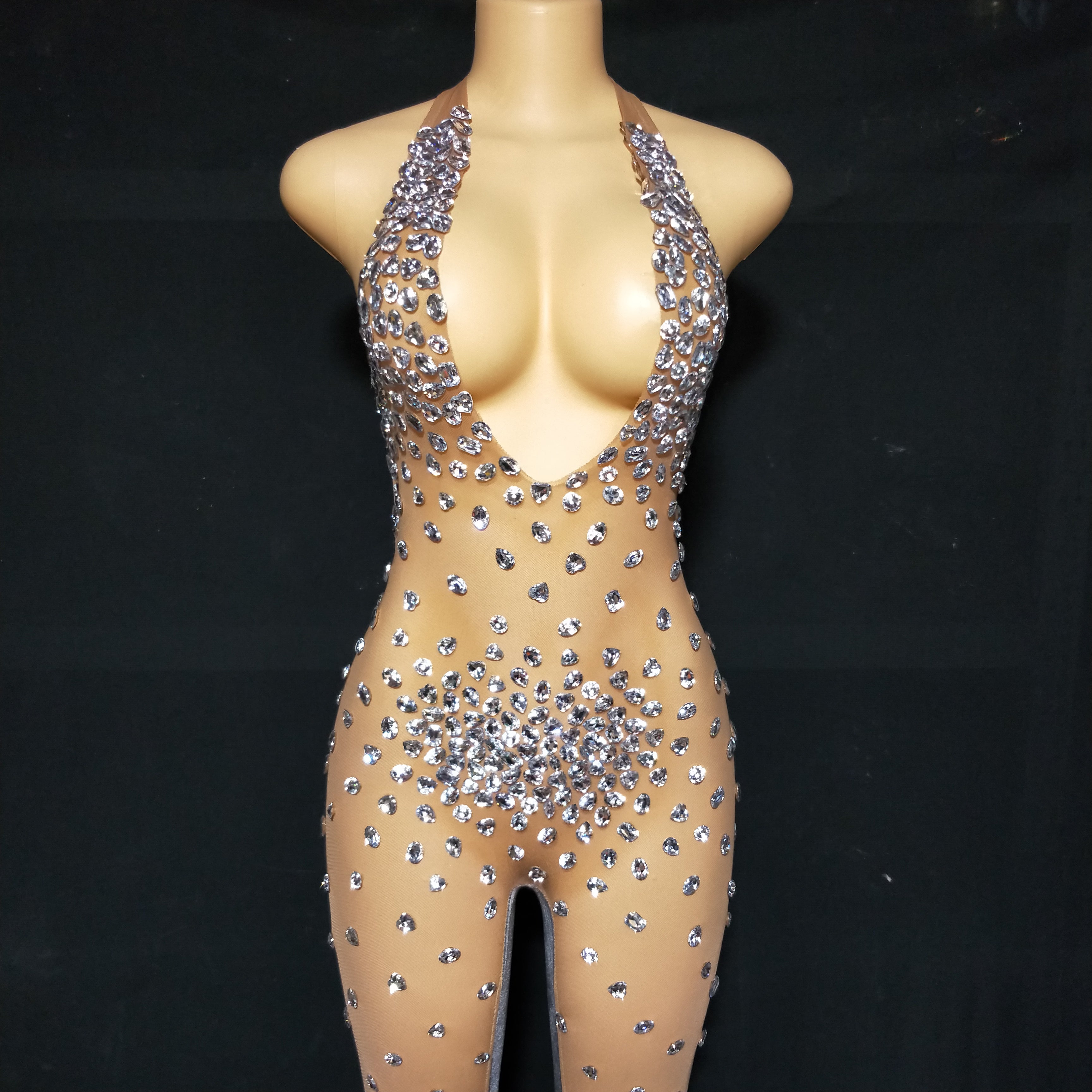 Big Stones Jumpsuit Dance Velvet Mesh Transparent Rompers Nightclub Bodysuit Costume Birthday prom show Sleeveless Bodysuit