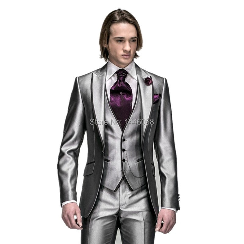Classic Mens Wedding Suits Custom Peak Lapel Men Suits One Button Groom Tuxedos Groomsman ( jacket+Pants+vest+tie)