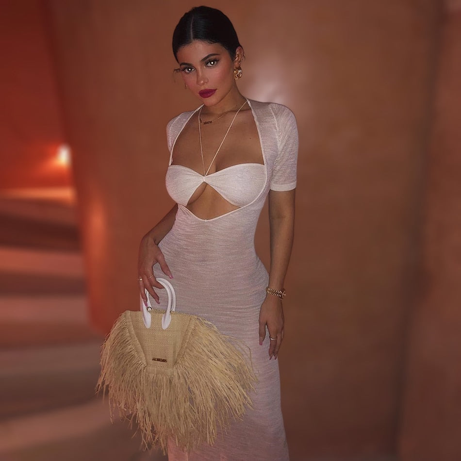 Chic Kyliejenner Opening Ceremony La Piana Long Dress White Bandeau See Through Cut Out Keyhole Transparent Slit Maxi Gown