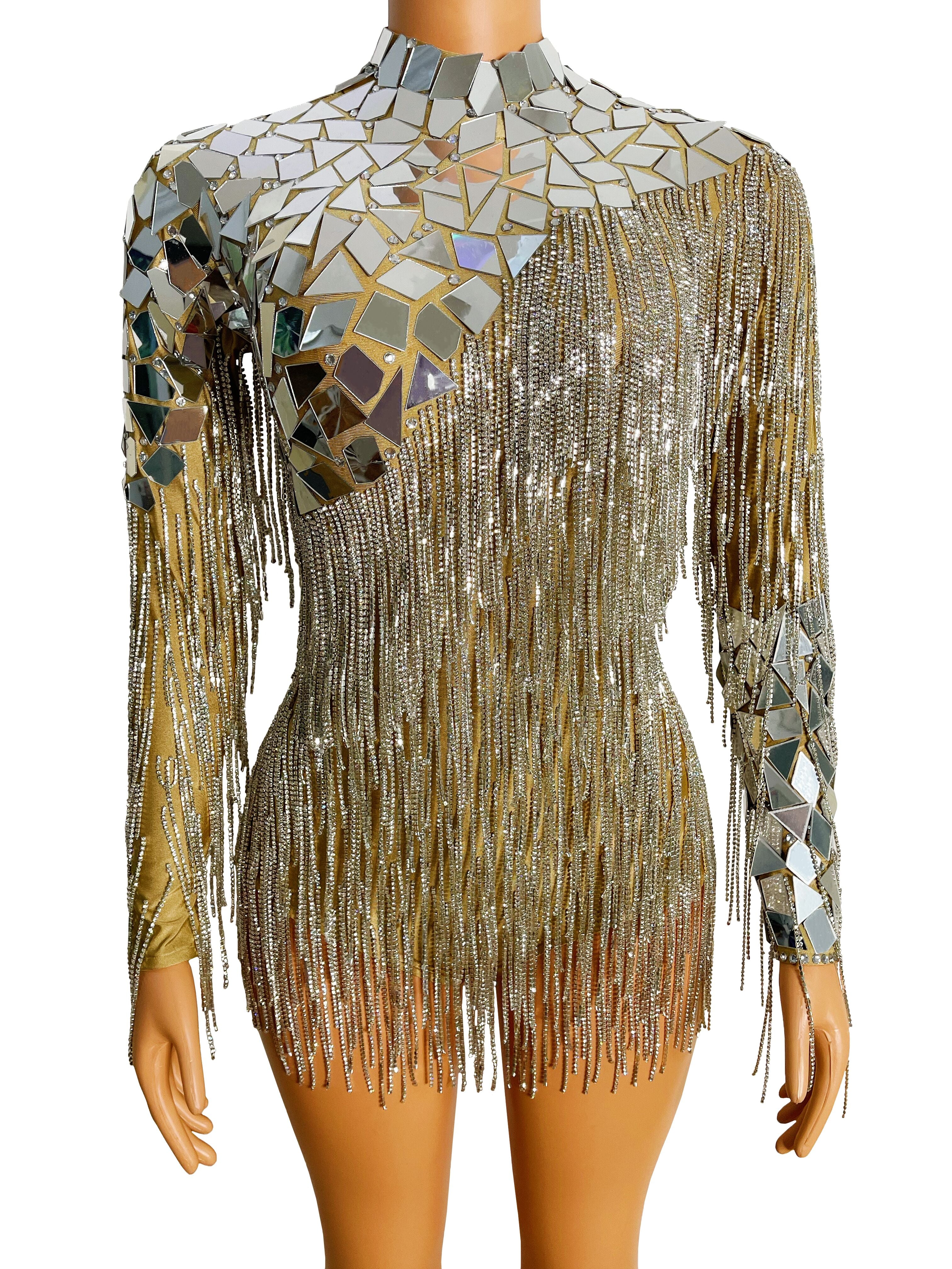 Women Flash Silver Mirror Rhinestone Chain Backless Evening Fringes Bodysuit