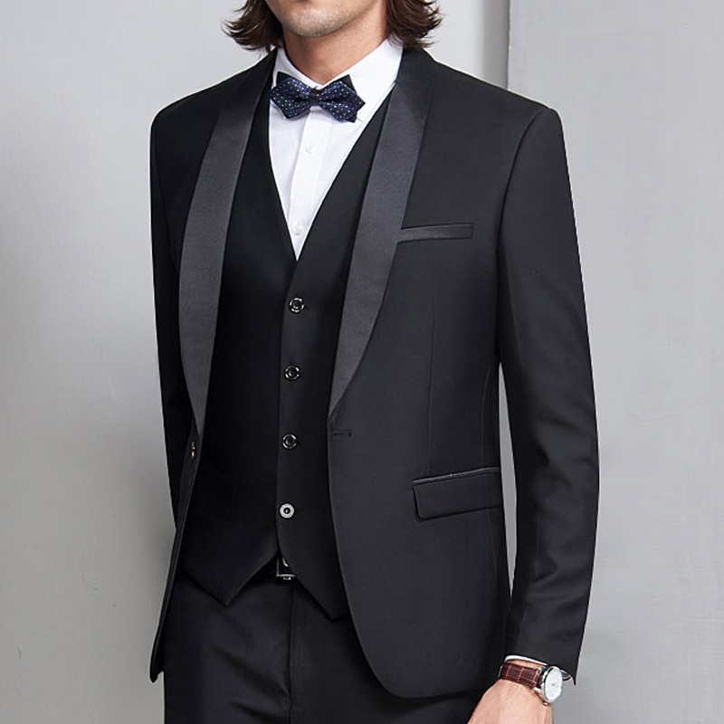Black Groom Tuxedo for Wedding Prom Slim Fit Men Suits 3 Piece Smoking Formal Ceremony Set Vest with Jacket Pants