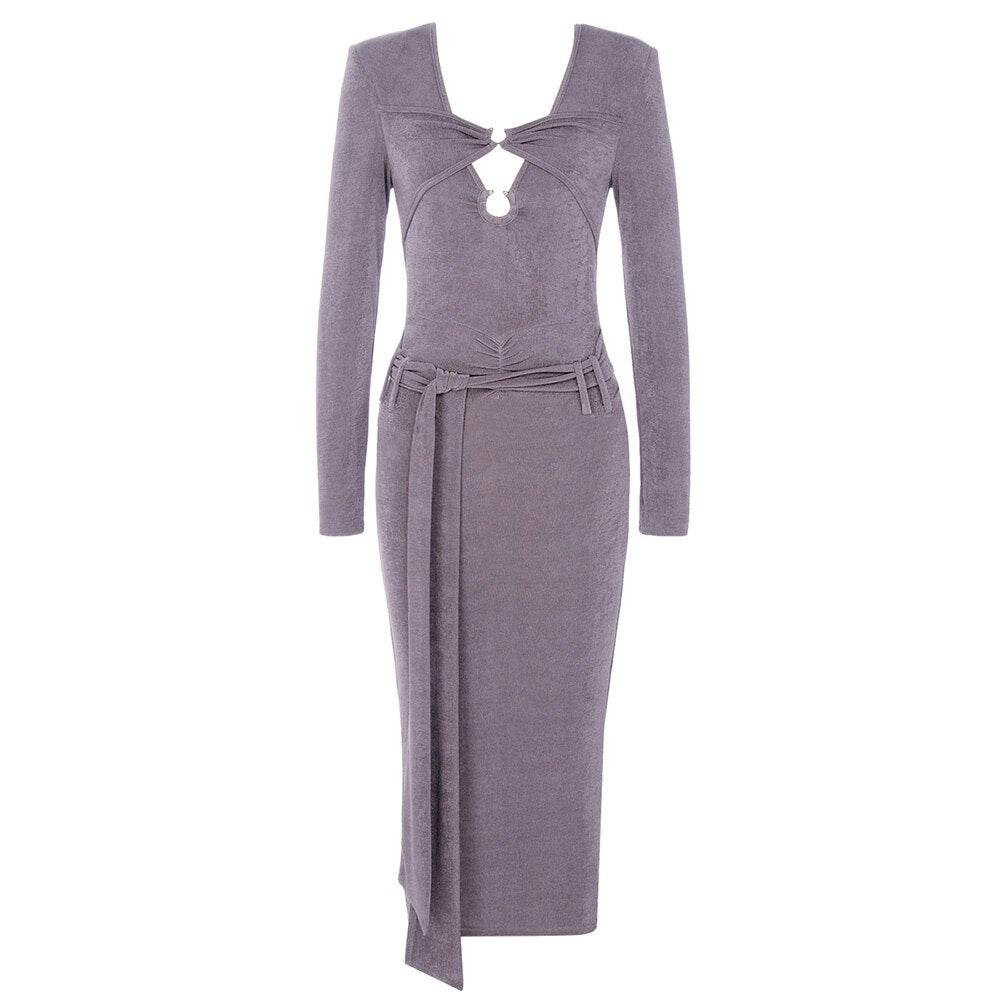 Autumn and Winter Gray Temperament V-neck Long Sleeve Chest Wrapped Metal Buckle Strap Slim Hip Skirt