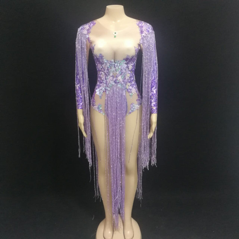 Sparkly Rhinestones Sequins Fringes Purple Bodysuit Shawl Women Night 9550