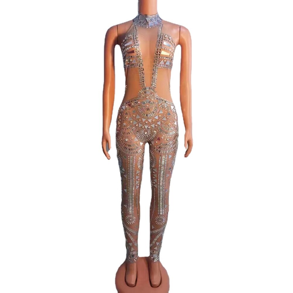 Sparkly Rhinestones Mirrors Mesh Transparent Jumpsuit Sleeveless Sexy Tight Birthday Party Outfit Dancer Show Rompers Stage Wear