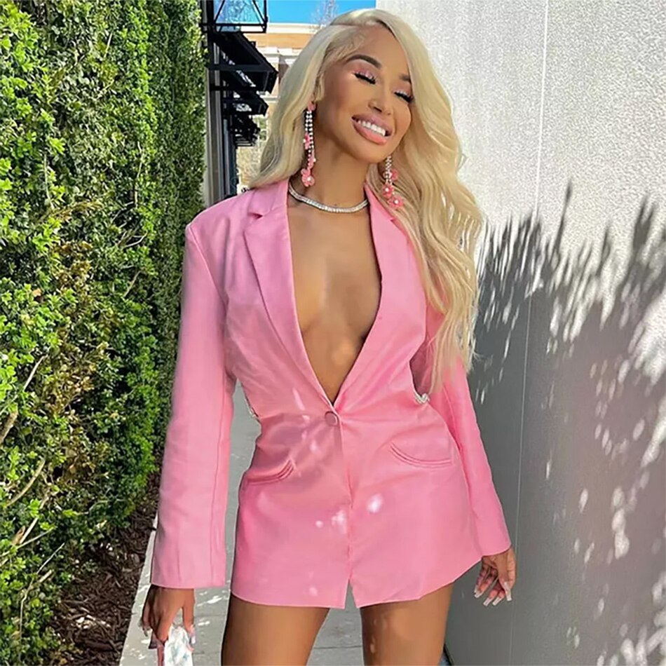 Chic Pu Blazer Dress Autumn Pink Long Sleeve Deep V Suit Sexy Hollow Out Rhinestone Diamond Rope Backless Mini Clubwear