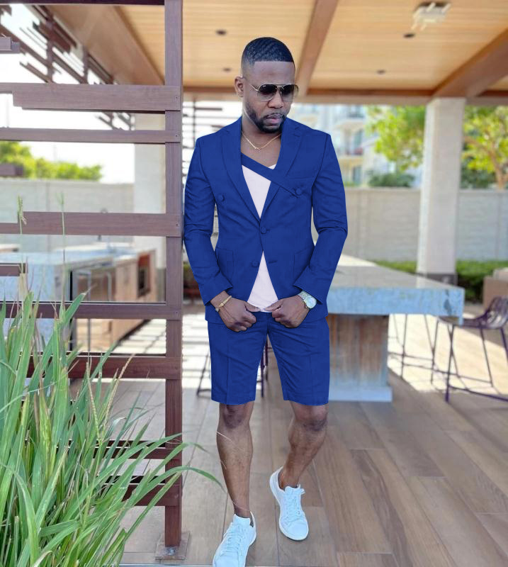 Casual 2 Pieces Blue Groomsman Wedding Men Suits Short Pants Slim Fit Beach Summer Groom Tuxedos Party Blazer