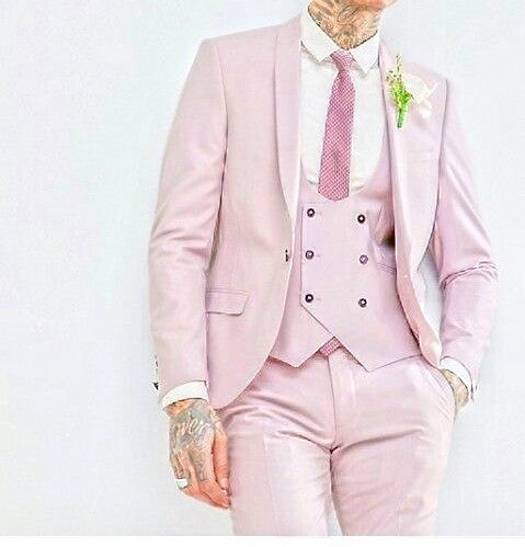Groomsmen Pink Groom Tuxedos Shawl Lapel Men Suits Wedding Best Man Blazer ( Jacket+Pants+Vest+Tie )
