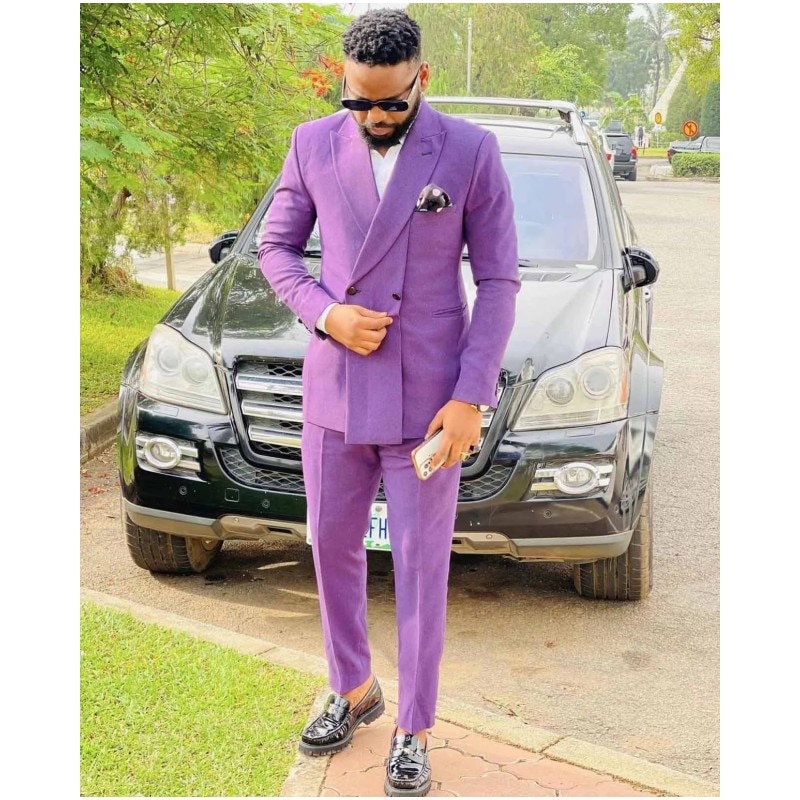 Design Purple Double Breasted Men Suits Wedding Groom Wear Tuxedos Groom Party Prom Business Blazer Jacket+Pant