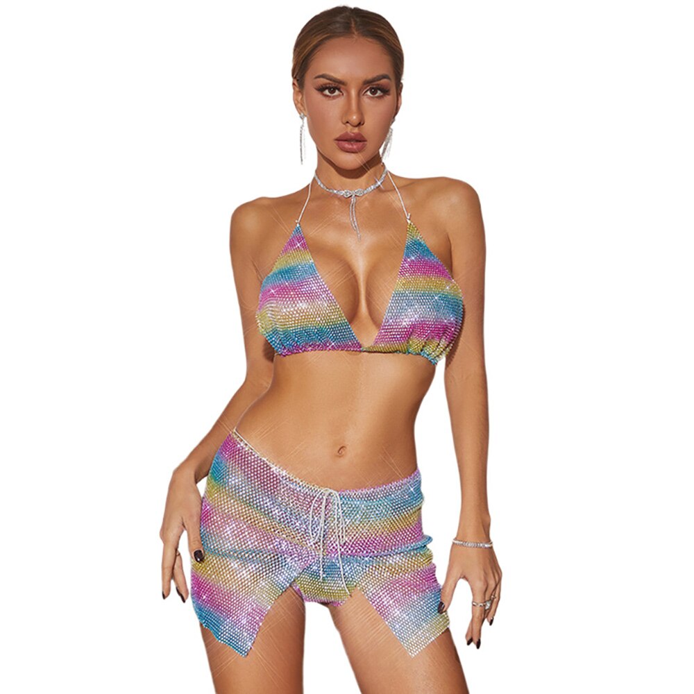 Sexy Bikini Swimsuit Split Suit Female Swimsuit Fishing Net Rhinestone Two-piece Suit