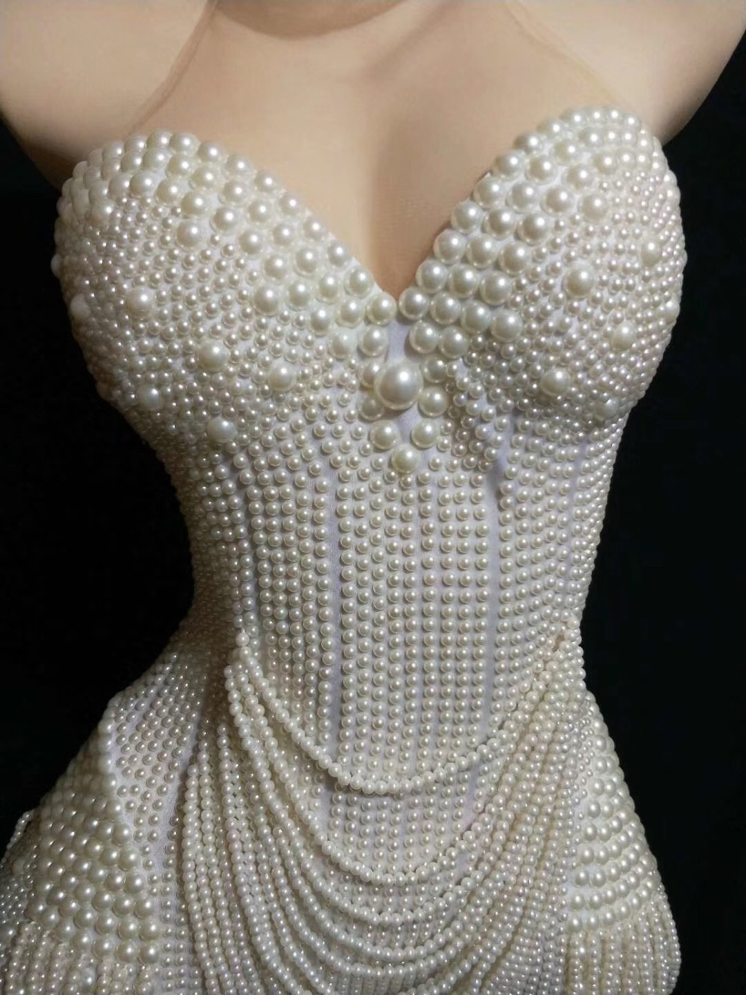 White Pearls Beading Bodysuit Jazz Dance Costume Evening Stage Nightclub Bar Show Wear Prom Birthday Outfit Women Singer Clothes