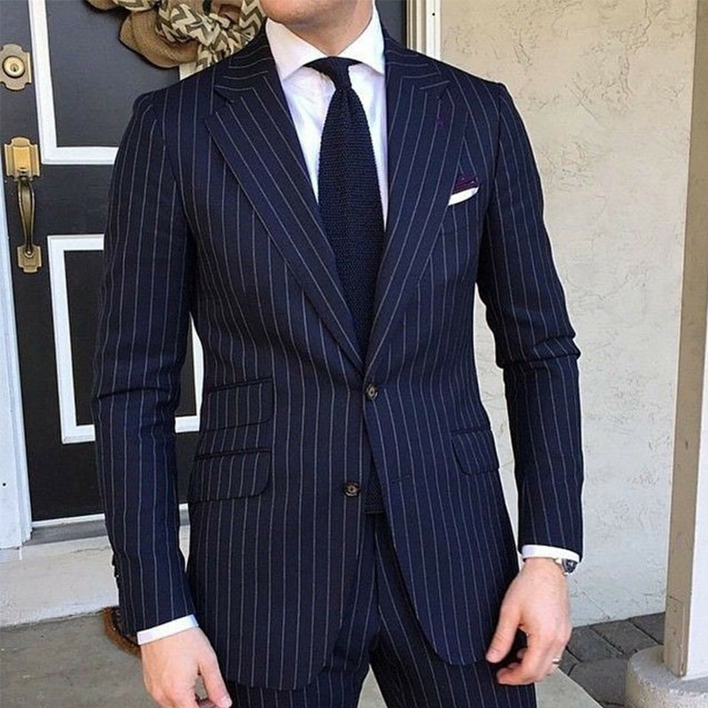 Pinstripe Slim Fit Men Suits for Formal Wedding Tuxedo Notched Lapel 2 Piece Navy Blue Striped Business Groom Fashion