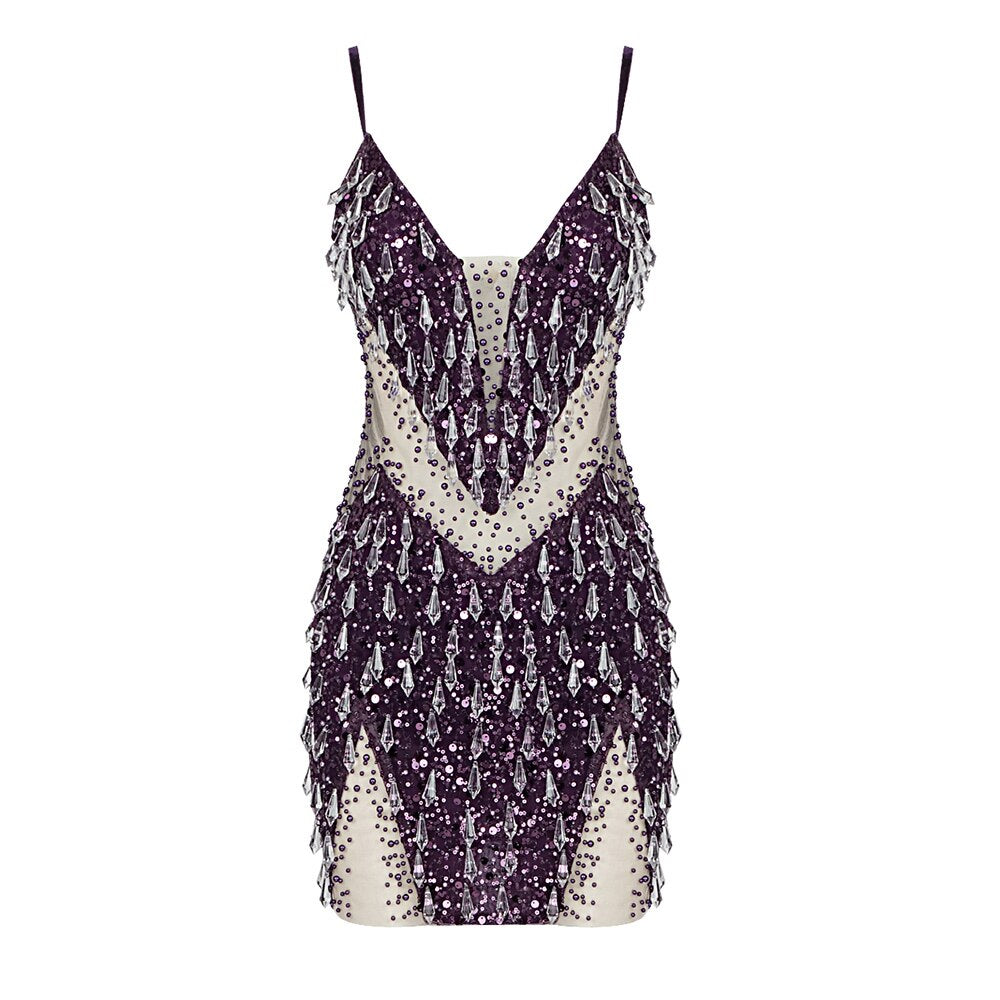 Sequin Beaded Mini Dress Heavy Manual Spaghetti Strap Sling Handmade Sexy V Neck Sheer Mesh Pearl Diamond Luxury Party Clubwear