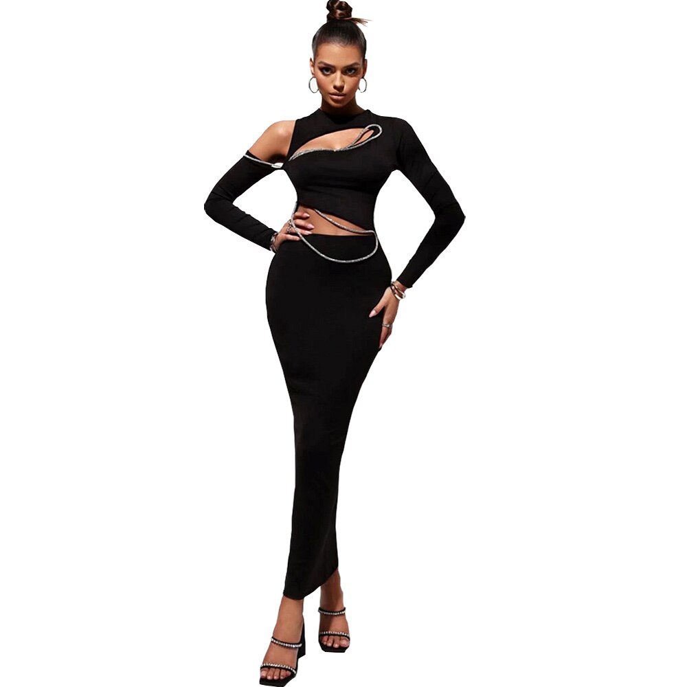 Winter Bandage Dress Autumn Black Long Sleeve Turtleneck Hollow Out Rhinestone Beaded Sexy Slim Women Fitted Party Dress