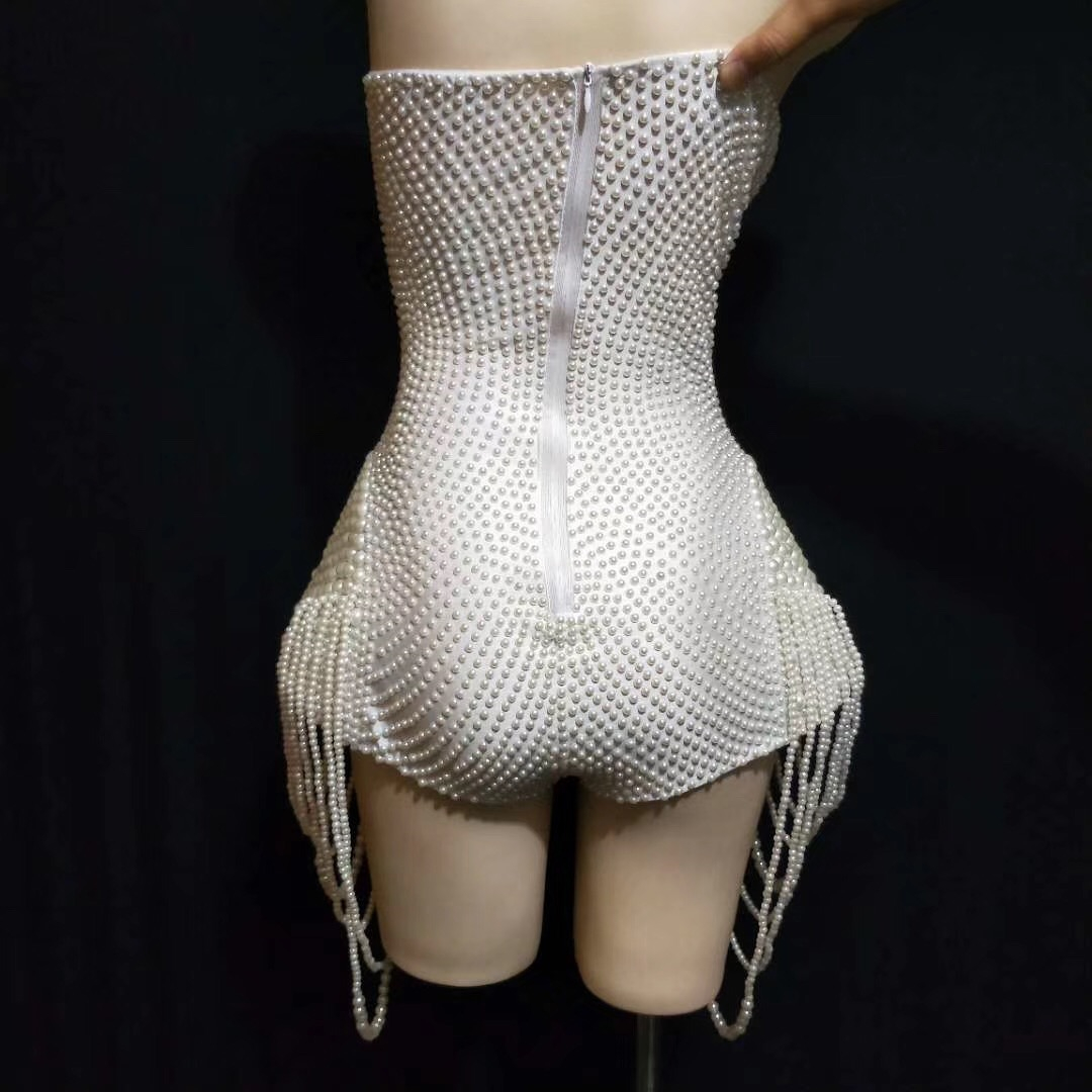 White Pearls Beading Bodysuit Jazz Dance Costume Evening Stage Nightclub Bar Show Wear Prom Birthday Outfit Women Singer Clothes