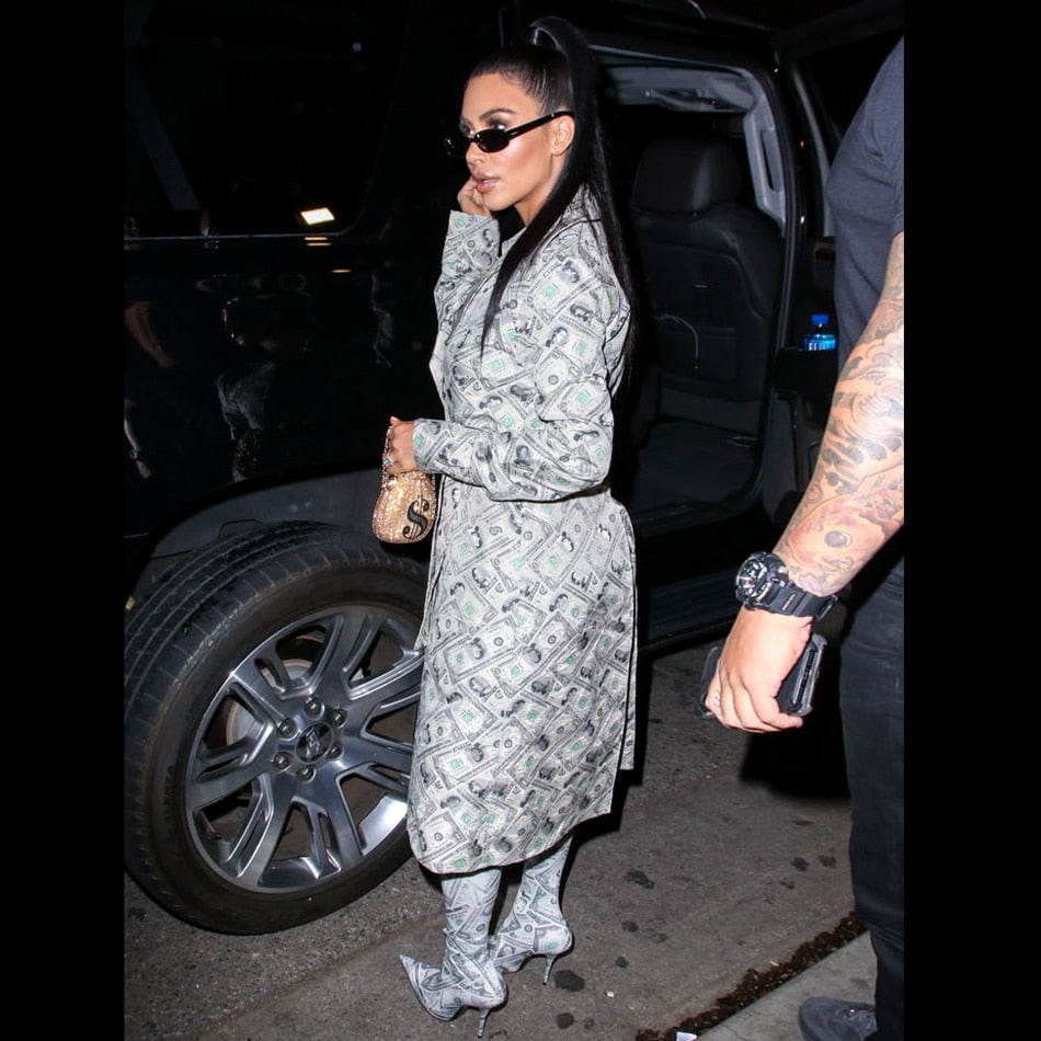 Classy Money Trench Dollar Bill Print Dress KimKardashian Wrap V Neck Sash Embellished Long Sleeves Money Outfit Streetwear