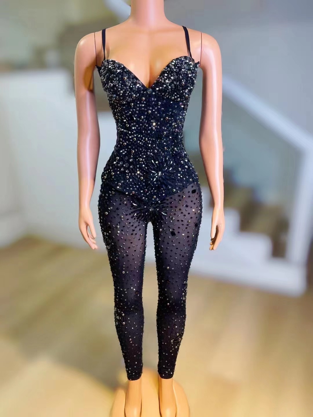 Stage Rhinestones Birthday Celebrate Outfit Mesh See Through Jumpsuit Nightclub Dance Show Bodysuit Leggings Party Jumpsuit