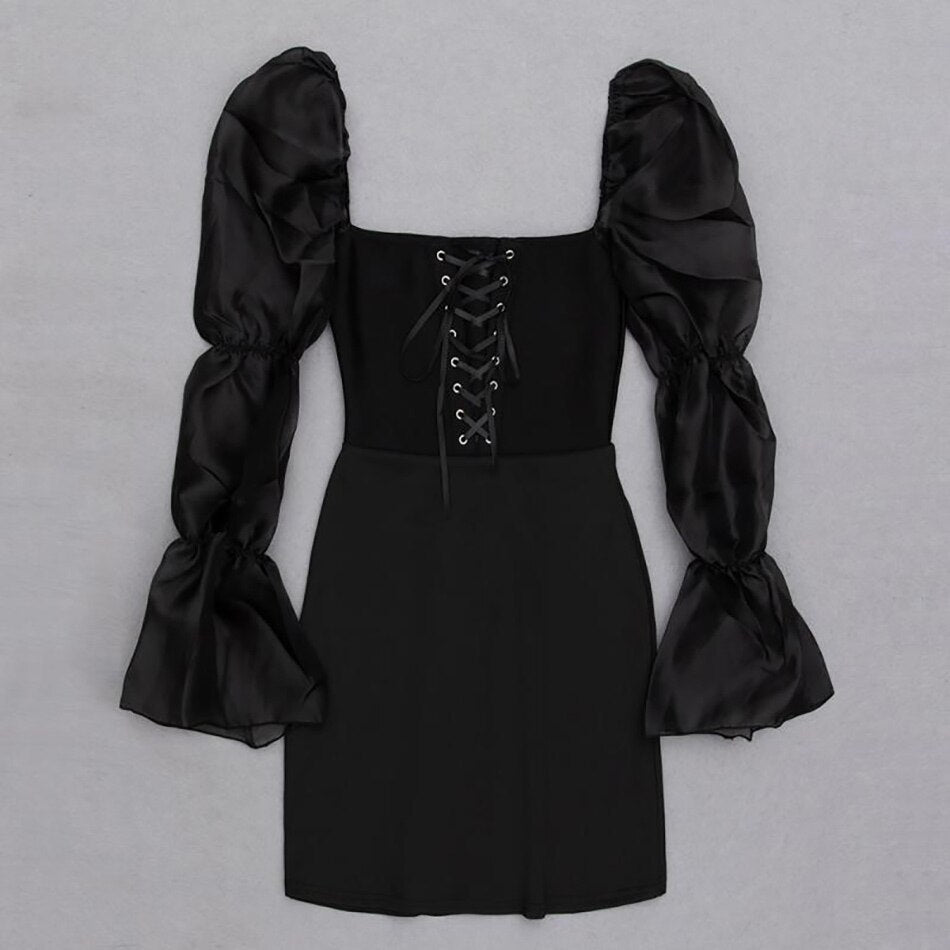 Heartbeat Celebrities Light Luxury V Mesh Stitching Plastic Waist Black Dress Can Be Worn At Birthday Parties