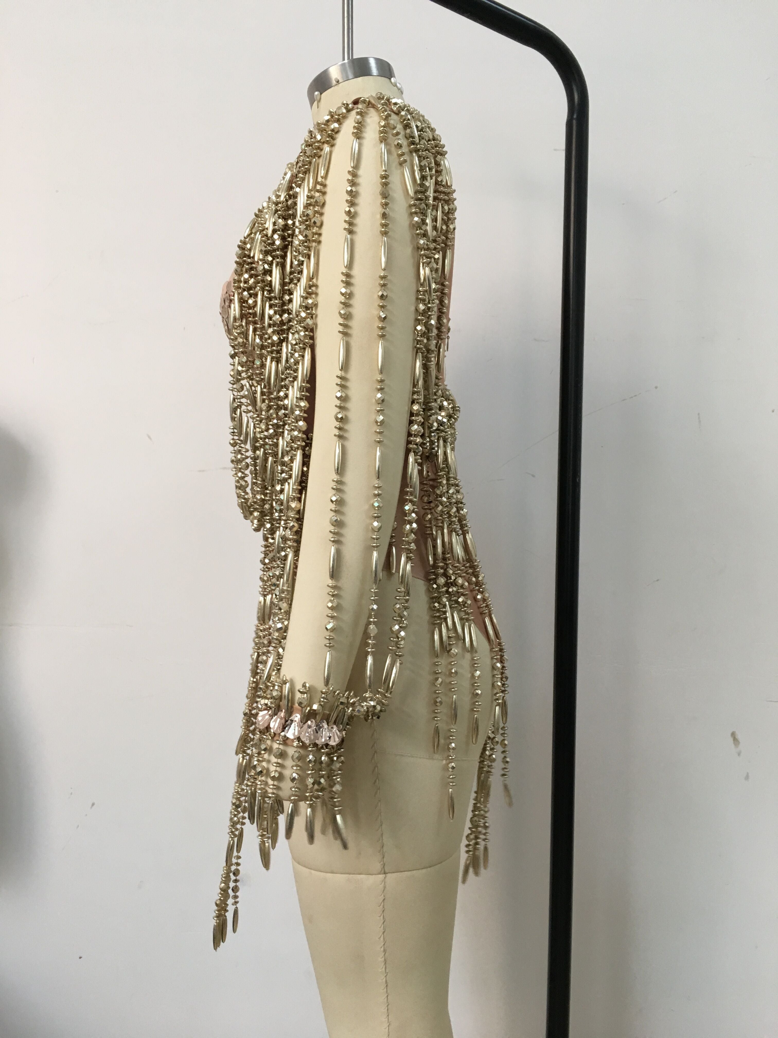 Women Gold Tassel Mesh Leotard Rhinestones Perspective Fringes Bodysuit Singer Stage Outfit Wear Performance Dance Costume