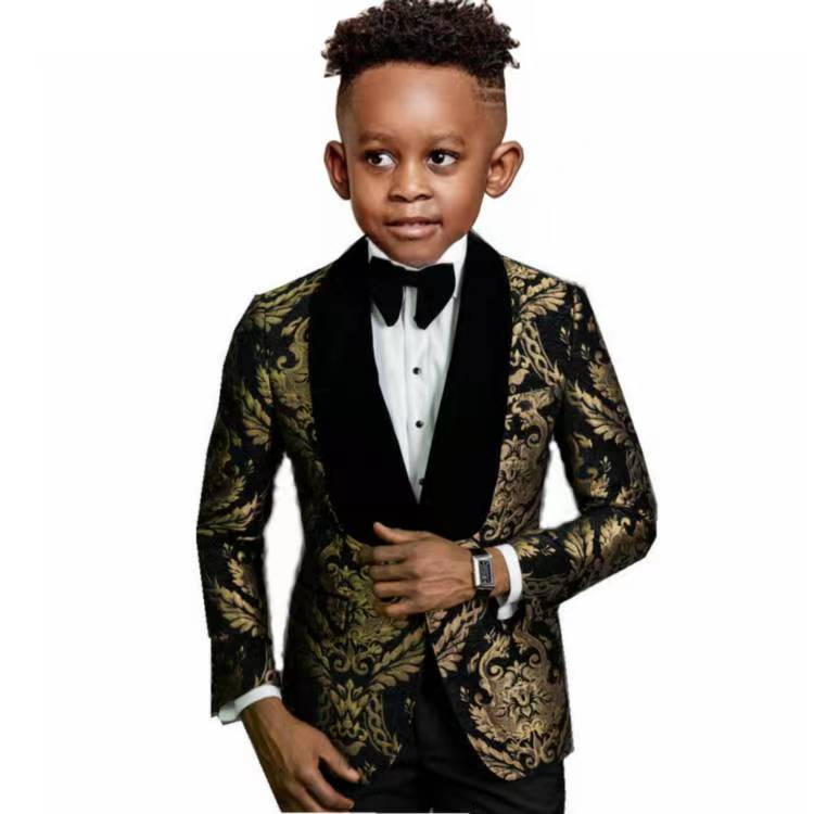 Black Gold Floral Flower Boys Suit Set for Wedding Dress Formal Costume Piano Performance Children Tailor Made Top Qulity