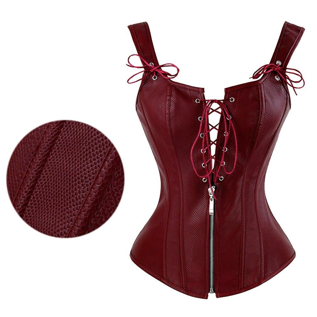 Faux Leather Corset Brown Zipper Steampunk Corset Overbust Lace Up Bac