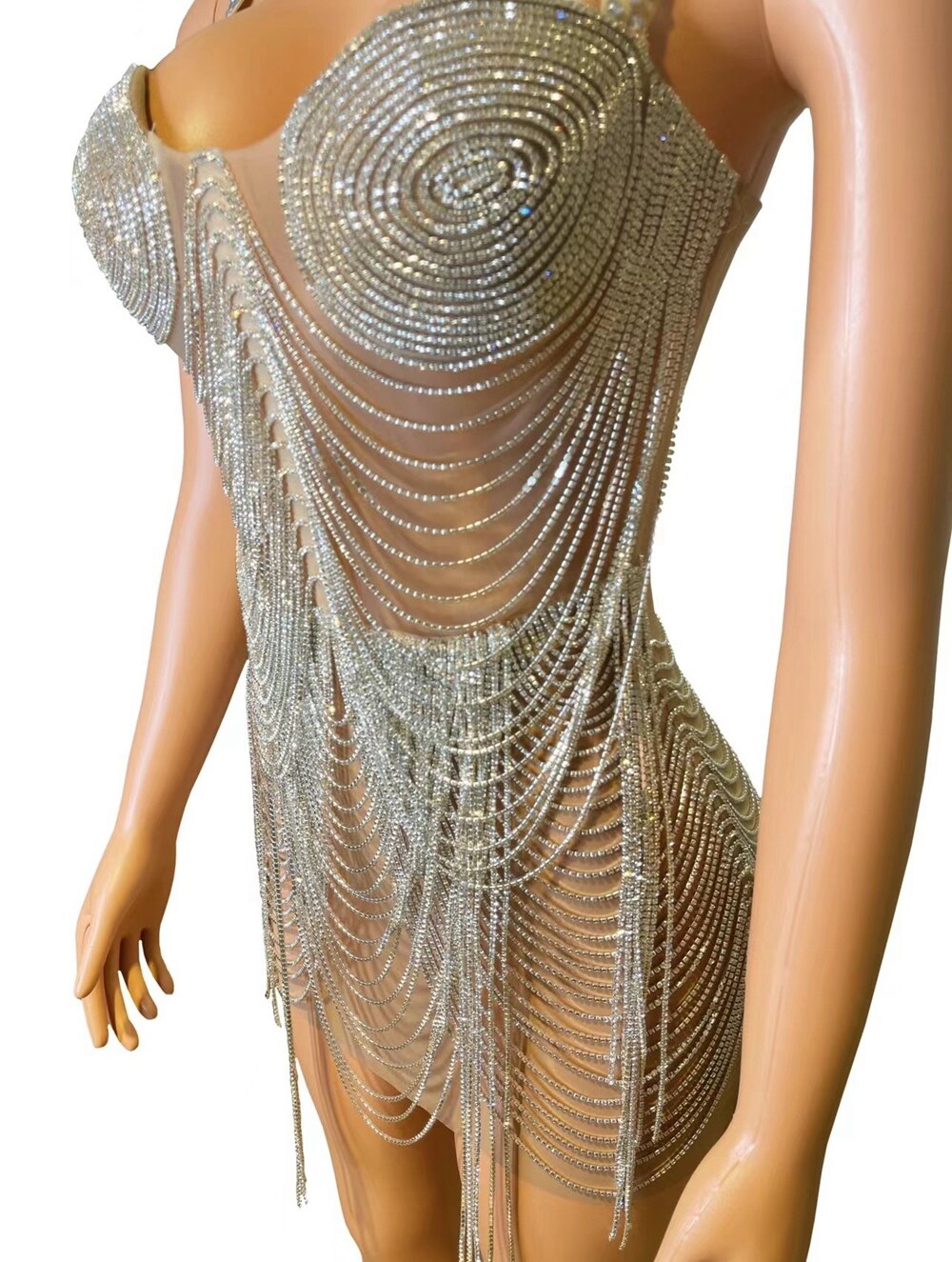 Luxurious Rhinestones Chains Short Dress Women Birthday Celebrate Evening Prom Party Dress Sexy Performance Costume Stage Wear