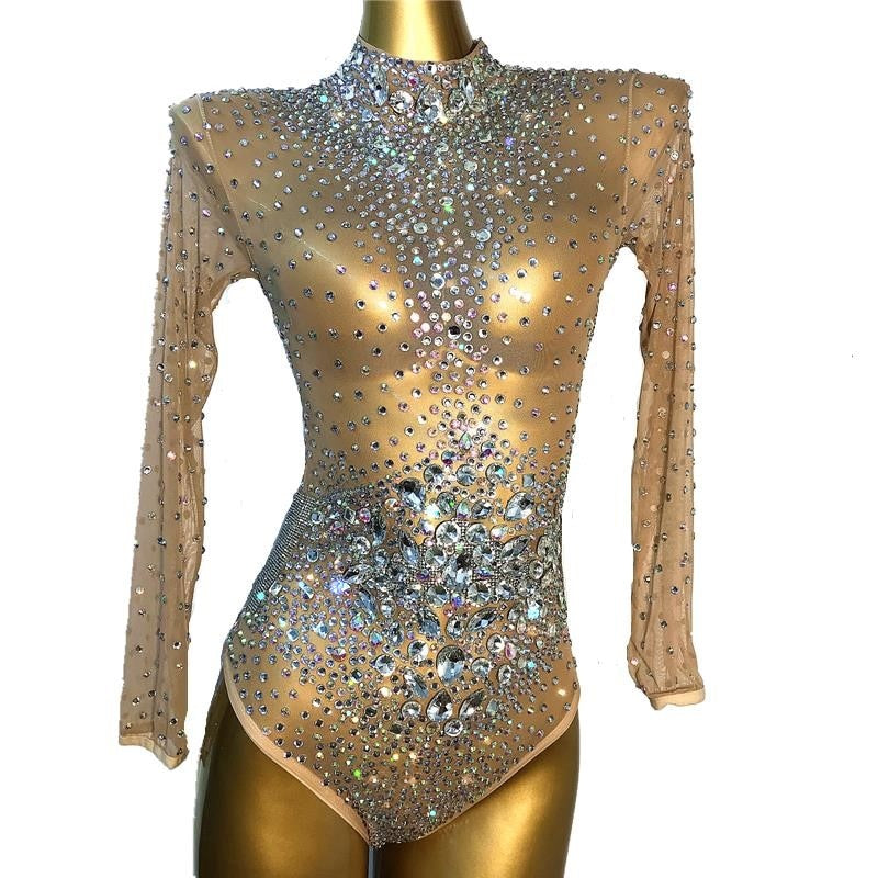 Bright Rhinestones Crystals Mesh Outfit Bodysuit Evening Birthday Party Transparent Leotard Nightclub Singer Dance Big Stones