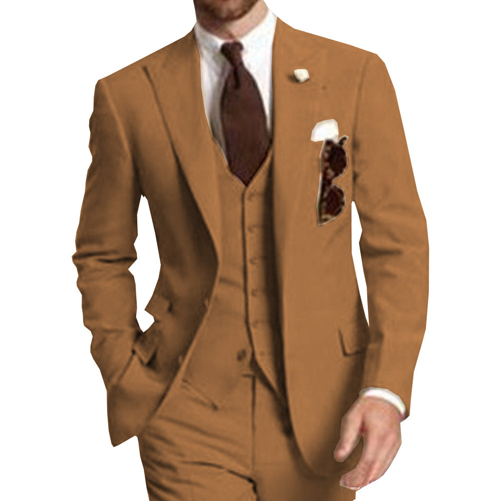 Beige Three Piece Peaked Lapel Two Button Custom Made Wedding Groom Tuxedos Jacket Pants Vest