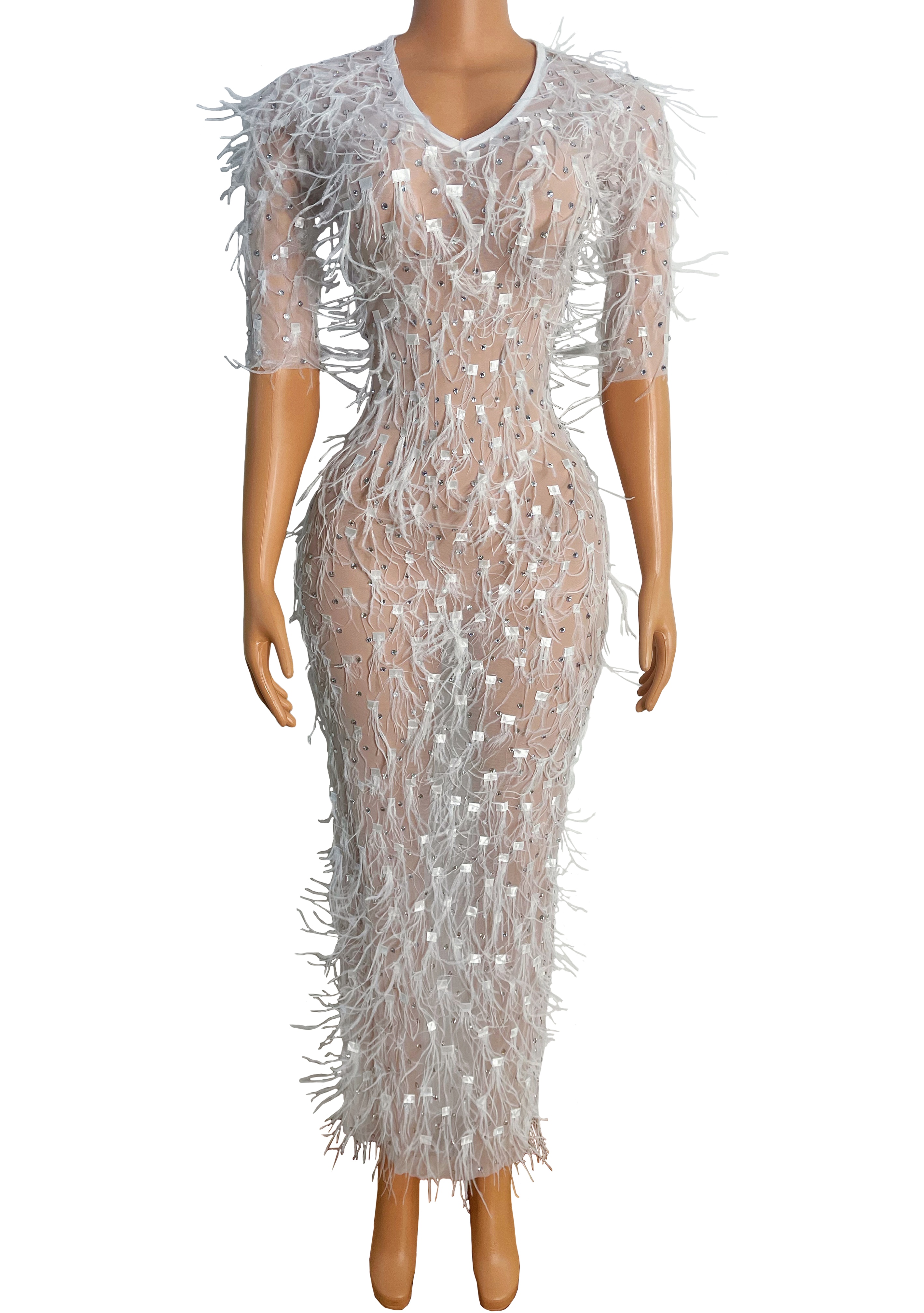White Feather Rhinestones Transparent Dress Birthday Celebrate Bling Shining Outfit Dancer Performance Costume