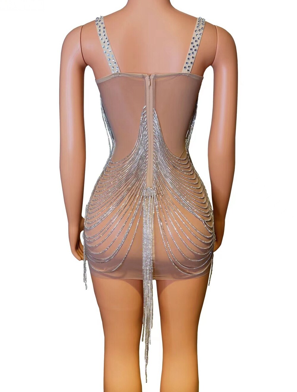 Luxurious Rhinestones Chains Short Dress Women Birthday Celebrate Evening Prom Party Dress Sexy Performance Costume Stage Wear