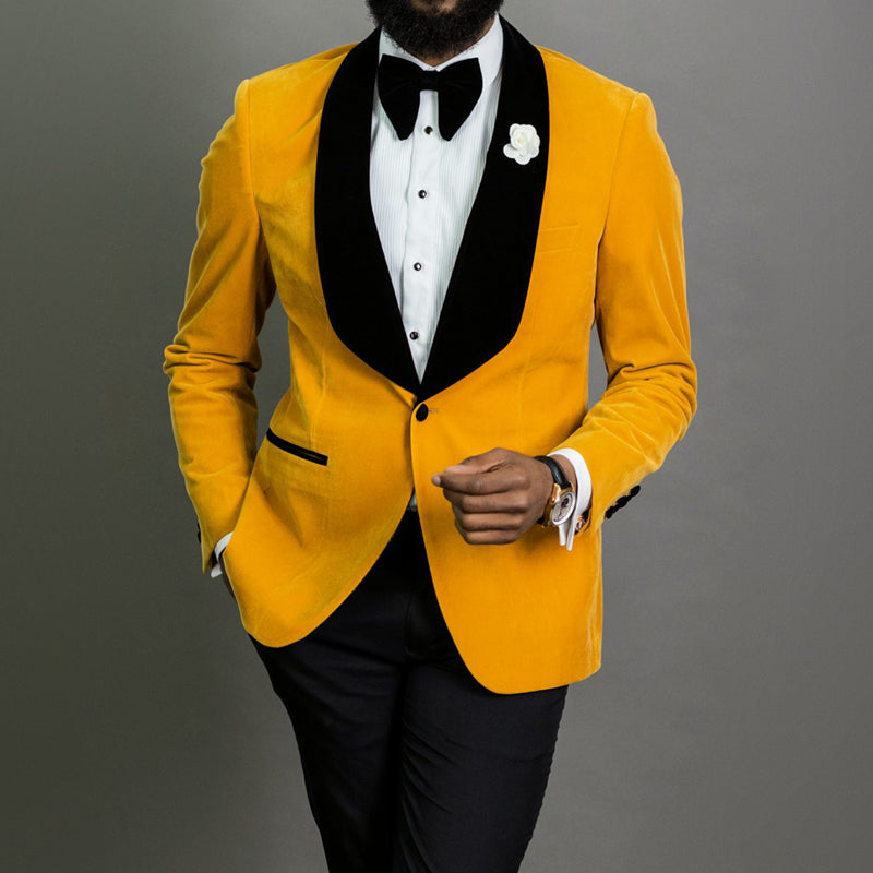 Yellow Velvet Wedding Tuxedo with Black Pants 2 Piece Slim Fit Men Suits for Prom African Blazer