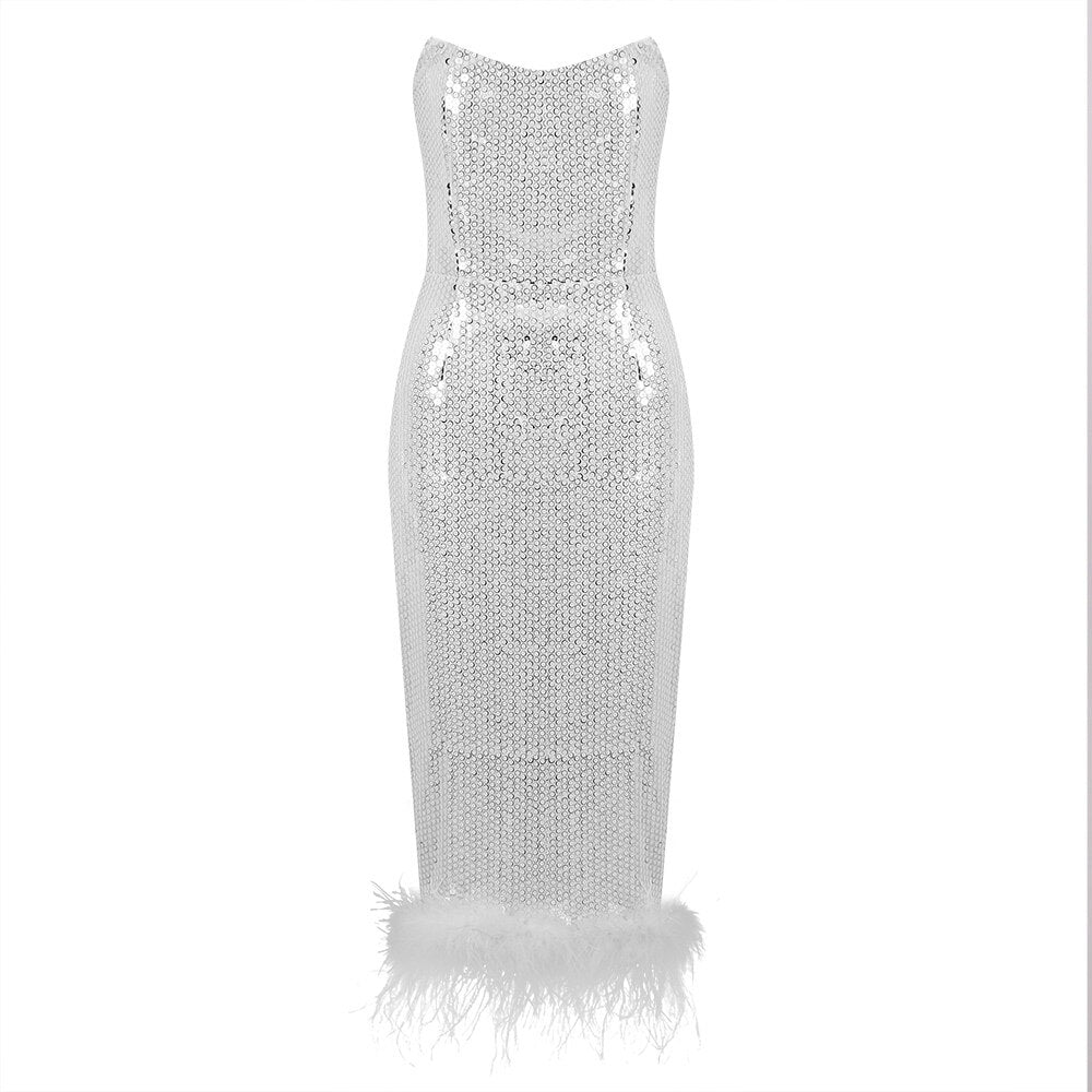 Silver Sequin Feather Midi Dress Socialite Strapless Off Shoulder Ostrich Fur Hem Bodycon Evening Outfit Clubwear