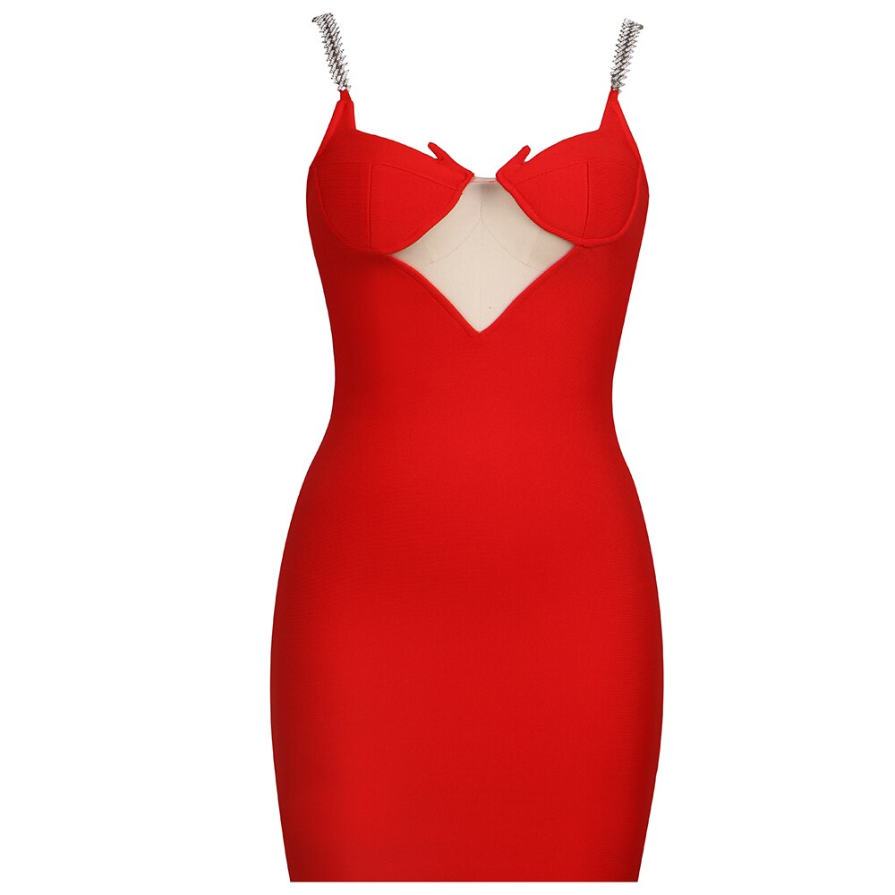Sling V-neck Mesh Silver Chain Diamond Knitted Bandage Dress