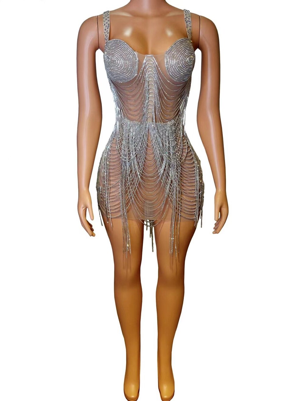 Luxurious Rhinestones Chains Short Dress Women Birthday Celebrate Evening Prom Party Dress Sexy Performance Costume Stage Wear