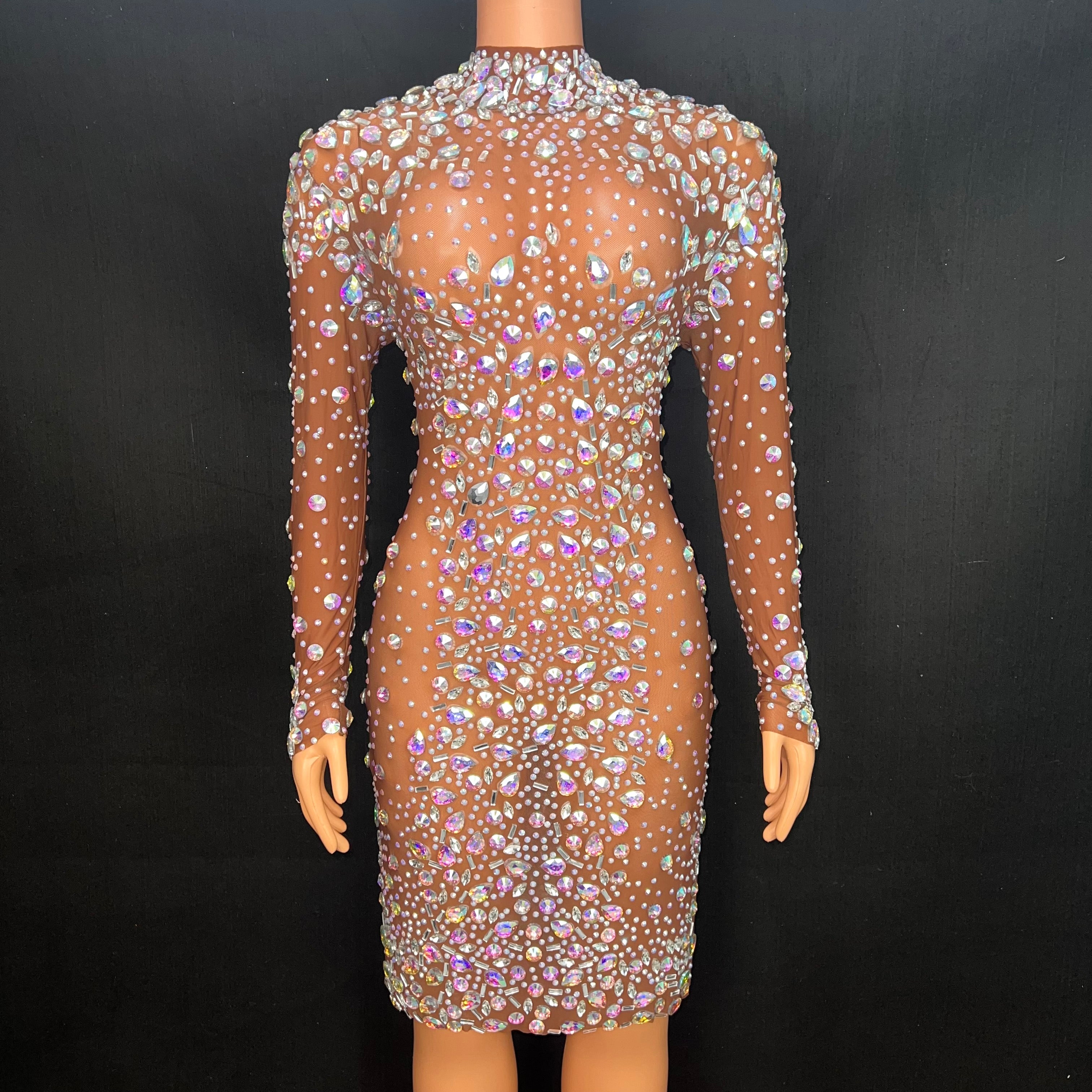 Bright AB Big Stones Tan Mesh Dress Birthday Celebrate Crystals Long Sleeves Dress Nightclub Evening Show Party Costume