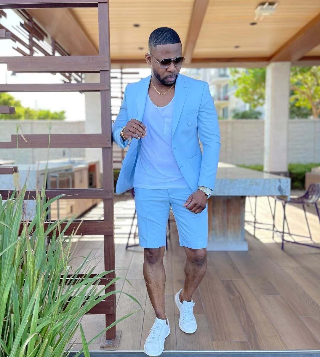Light Blue Men Suits Wedding Groom Tuxedo Costume Homme Groomsmen Attires 2Pcs Terno Masculino Slim Fit Blazer With Shorts