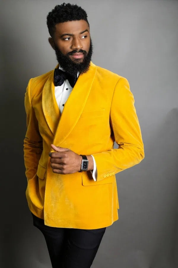 Yellow Men 2 Pieces Suits Shawl Lapel Groom Tuxedos Velvet ( Jacket+Pants+Tie)