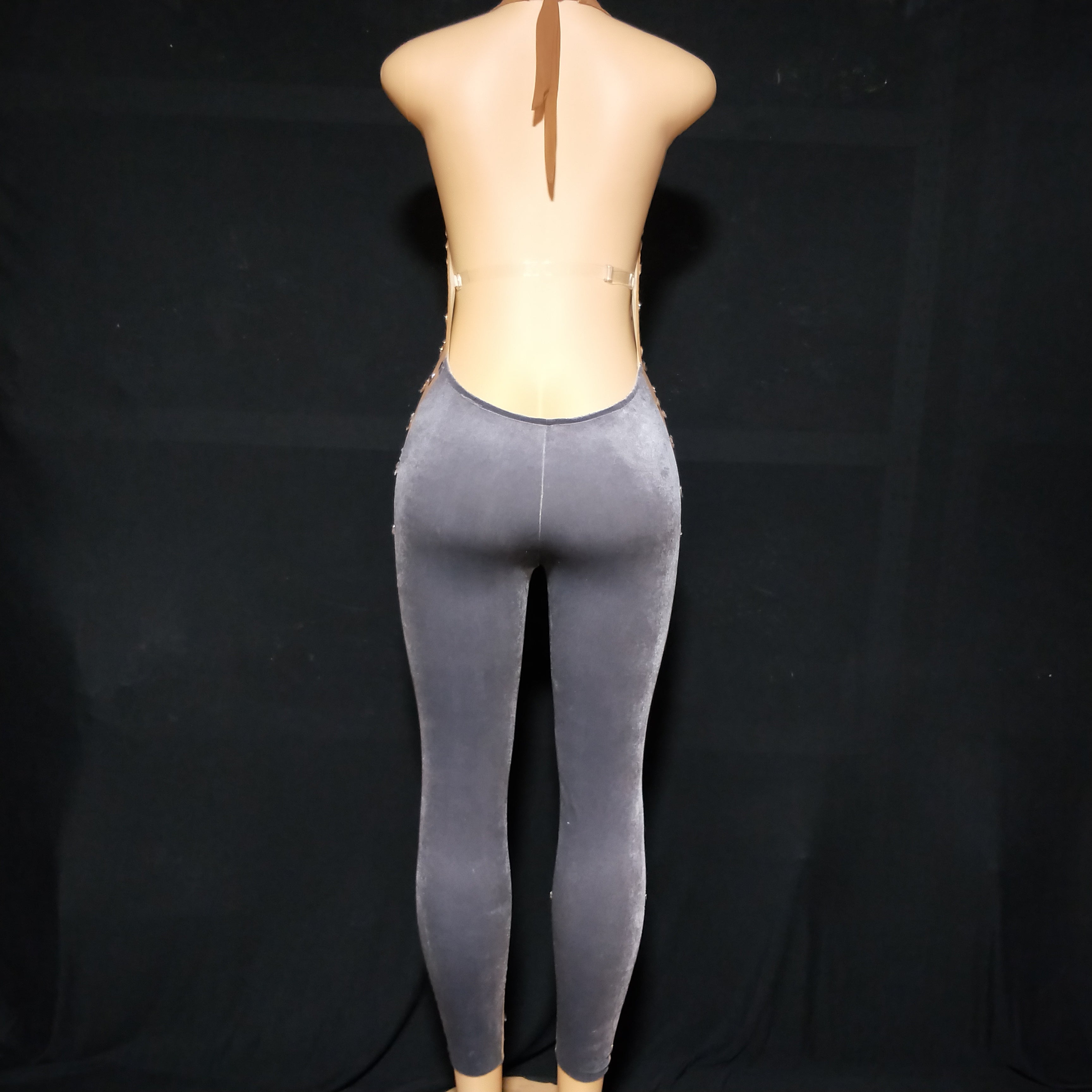 Big Stones Jumpsuit Dance Velvet Mesh Transparent Rompers Nightclub Bodysuit Costume Birthday prom show Sleeveless Bodysuit