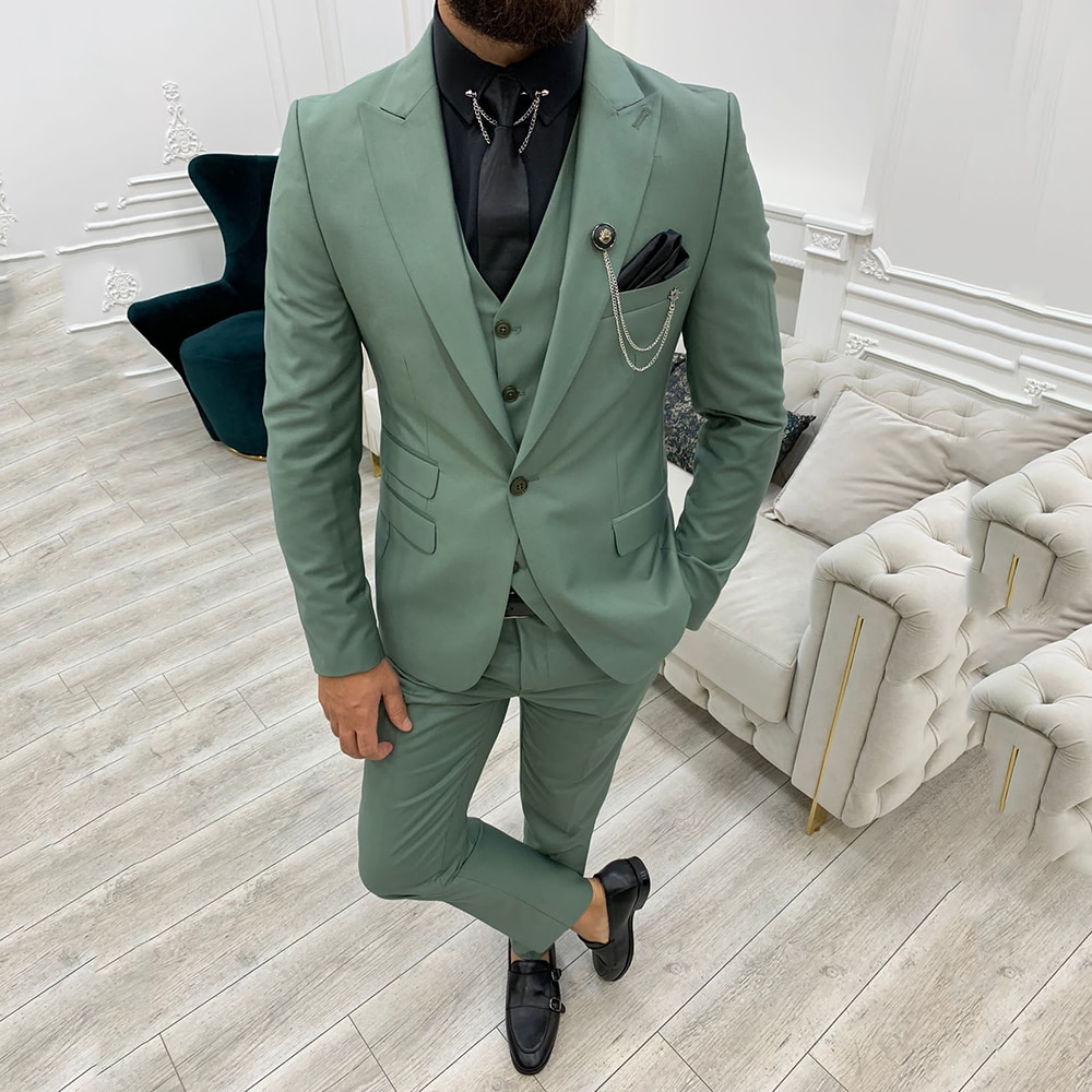 Men Suit Slim Fit Wedding Groom Wear Peak Lapel One Button Business Suit Blazer (Jacket+Pant+Vest) Costume Homme