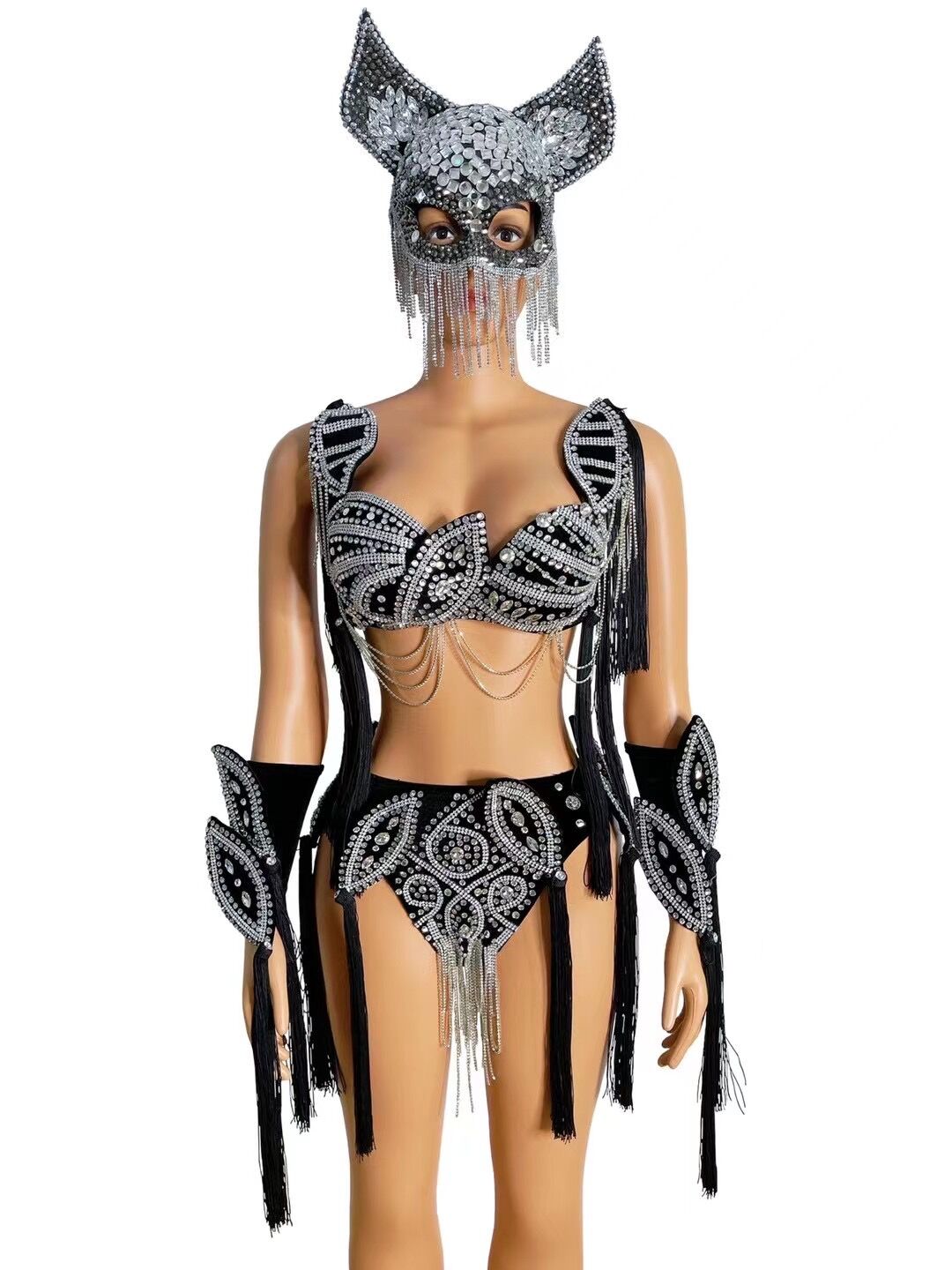 Silver Rhinestones Black Tassels Bra Short Outfit Set Summer Bikini Show Prom Party Evening Singer Costume Set
