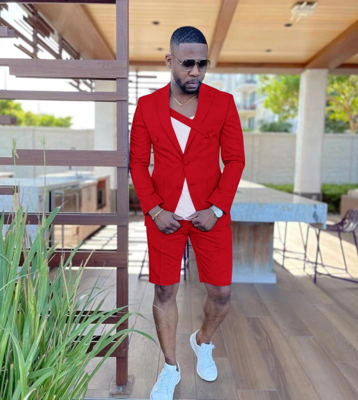 Casual 2 Pieces Blue Groomsman Wedding Men Suits Short Pants Slim Fit Beach Summer Groom Tuxedos Party Blazer