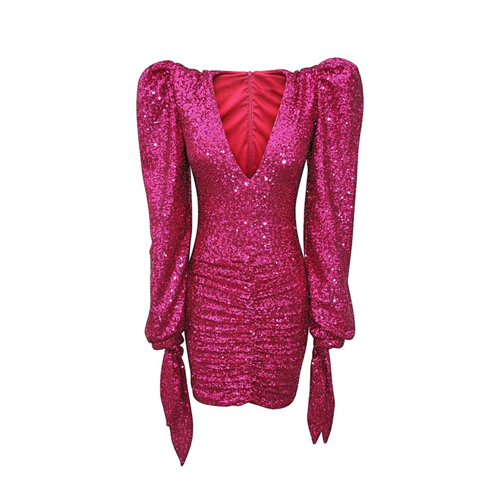 Pleated Sexy Bright Pink Hip Skirt Deep V Sequined Dress
