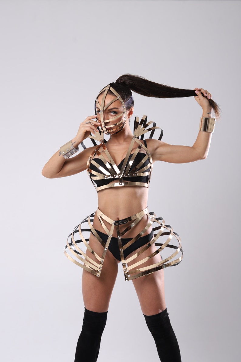 Gold Festival Costume Burning Women Set Mask Top Skirt Futuristic Apocalypse Clothing Metallic Performance Stage Dresses Clubwear GoGo PJ