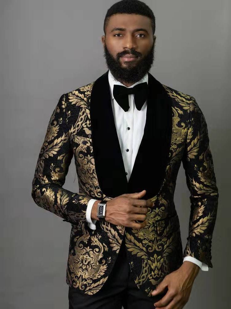 Black Gold Floral Men Suits 2 Piece Groom Suit Smoking Tuxedo Jacket Wedding Suits For Men Blazer
