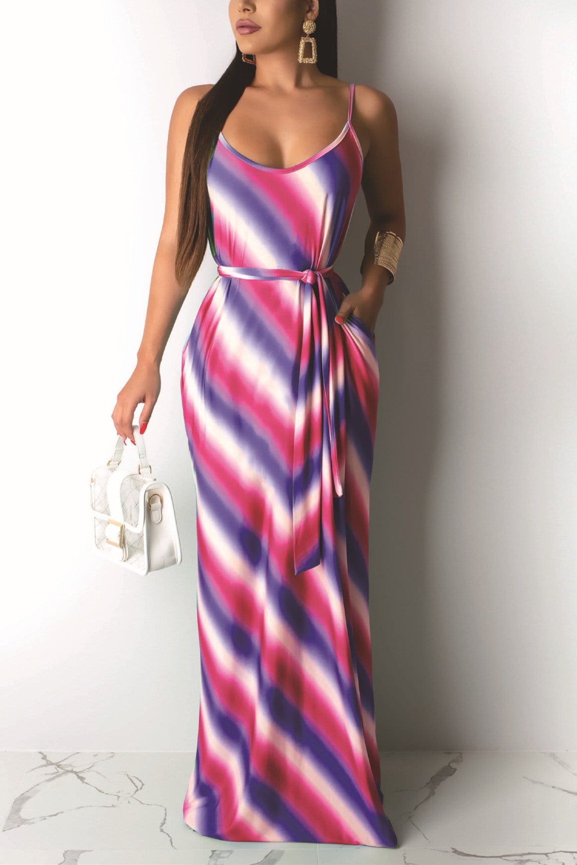 casual-striped-print-strap-dress-with-belt