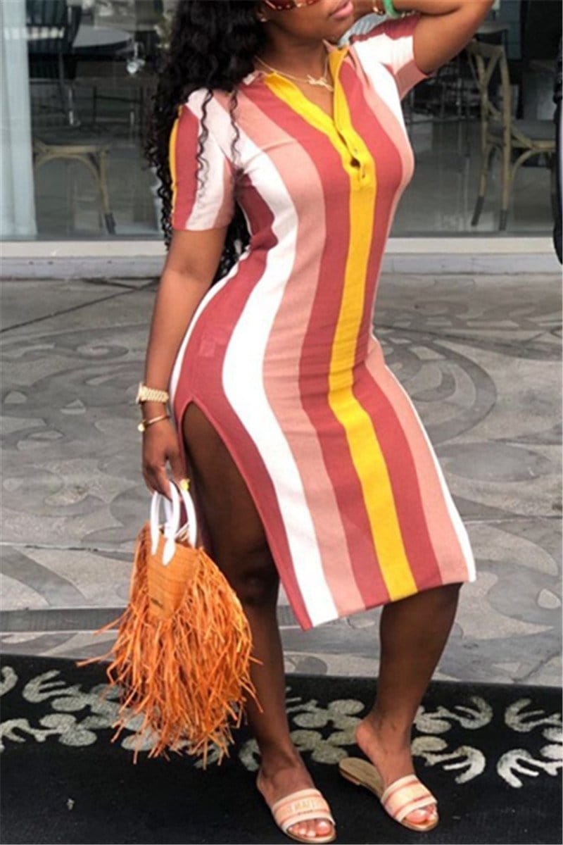 fashion-rainbow-stripe-split-dress