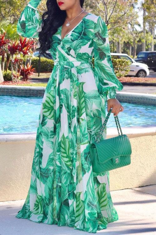 bohemian-v-neck-long-sleeves-floral-printed-green-chiffon-floor-length-dress
