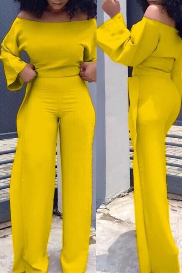 casual-dew-shoulder-flounce-yellow-twilled-satin-two-piece-pants-set